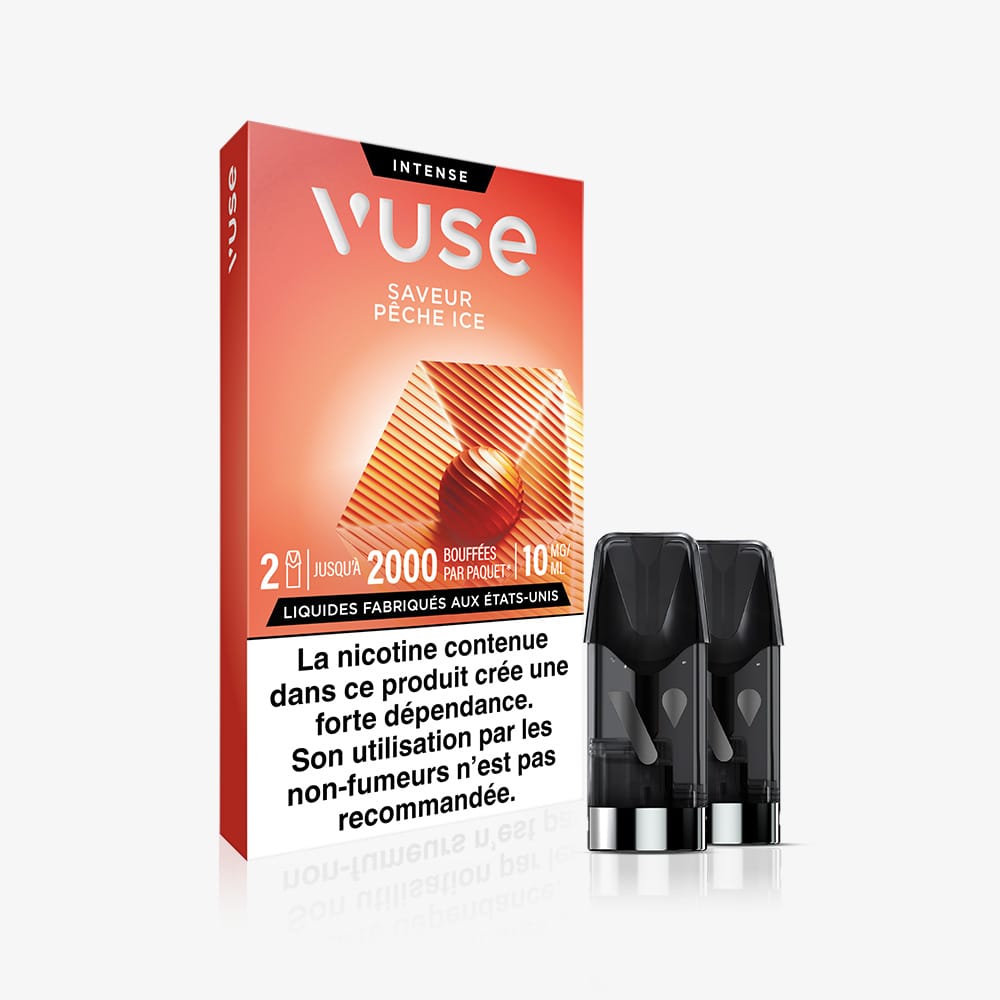 Un paquet de Recharge Standards Saveur Pêche Ice avec deux pods visibles devant. L'emballage orange et blanc affiche un avertissement sur la nicotine en français en bas.
