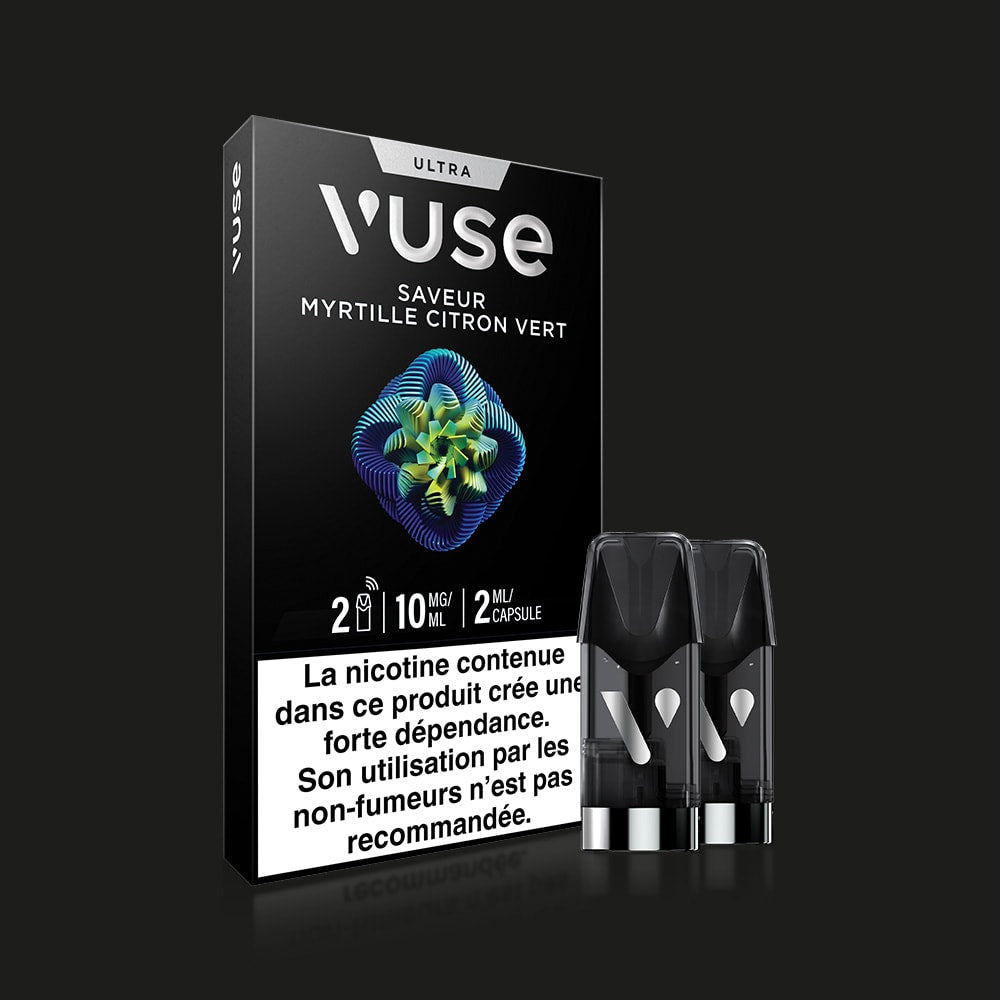 A box of Vuse Ultra Saveur Myrtille Citron Vert with two pods beside it. The packaging displays a French nicotine warning on a white label.