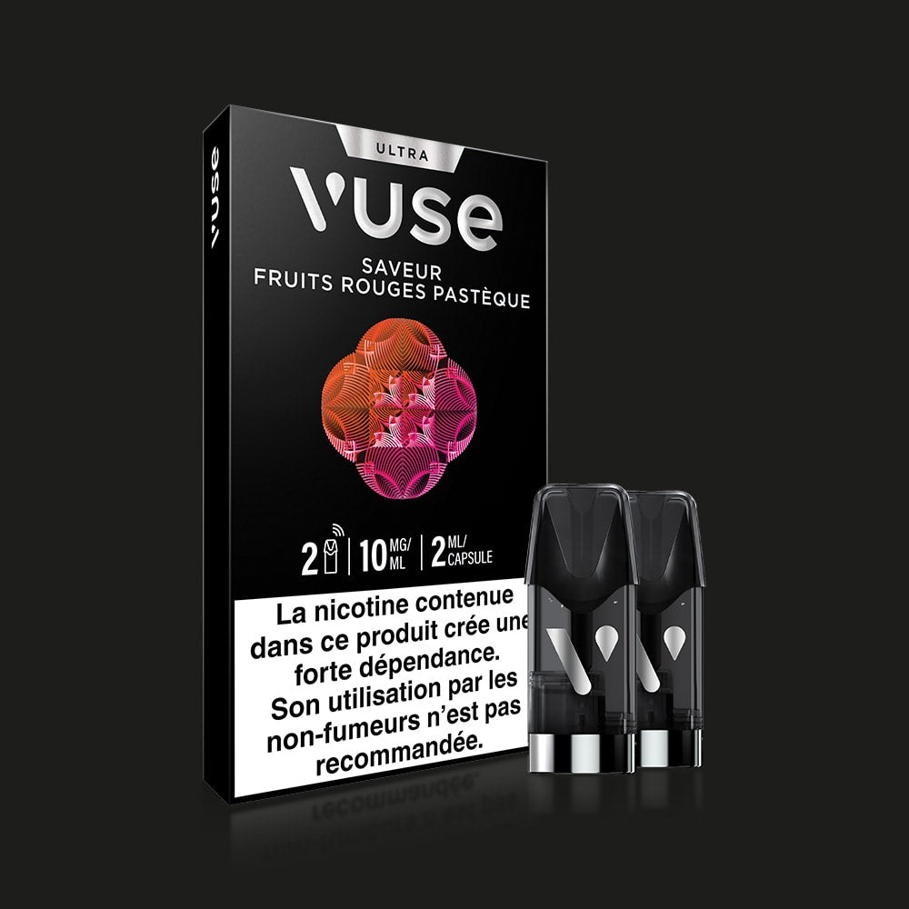 A black Vuse Ultra Saveur Fruits Rouges Pastèque box with 2 pods of 10 mg/ml each and two pods shown in front. Features capsule connectée technology and displays a French nicotine health warning on the packaging.