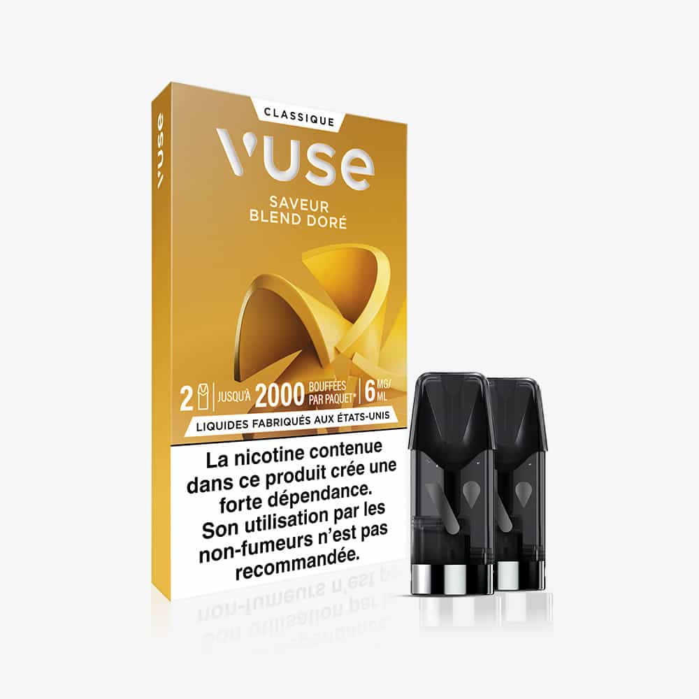 Recharge Gamme Classique Saveur Blend Doré features gold and white packaging with two pods in front, a French nicotine warning, 2000 puffs per pack, and a nicotine strength of 6 mg/mL.