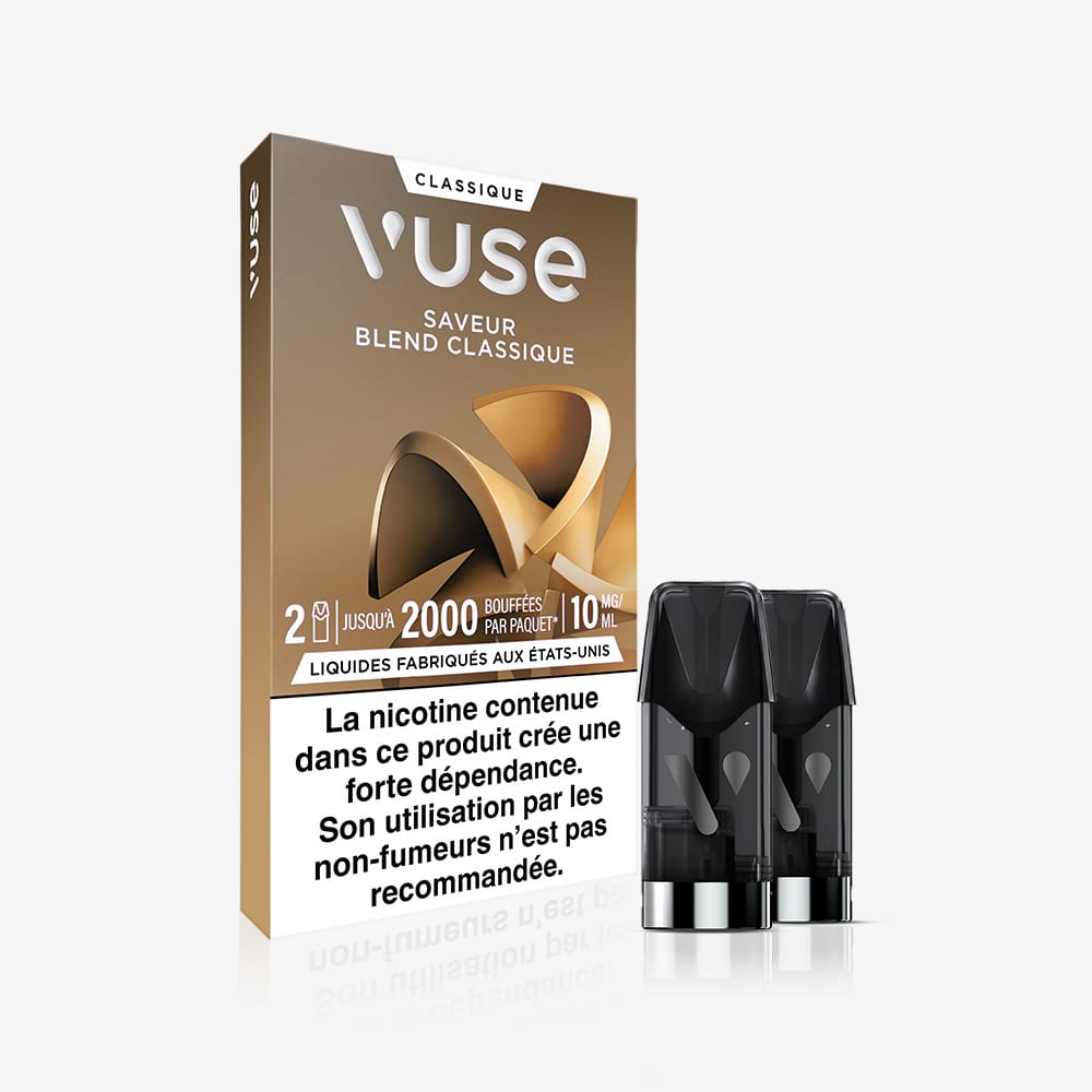 A box of Recharge Standards Saveur Blend Classique e-cigarette pods, featuring French text, nicotine warnings, two pods in front, 2000 puffs per pack, and 10 mg/ml nicotine strength.