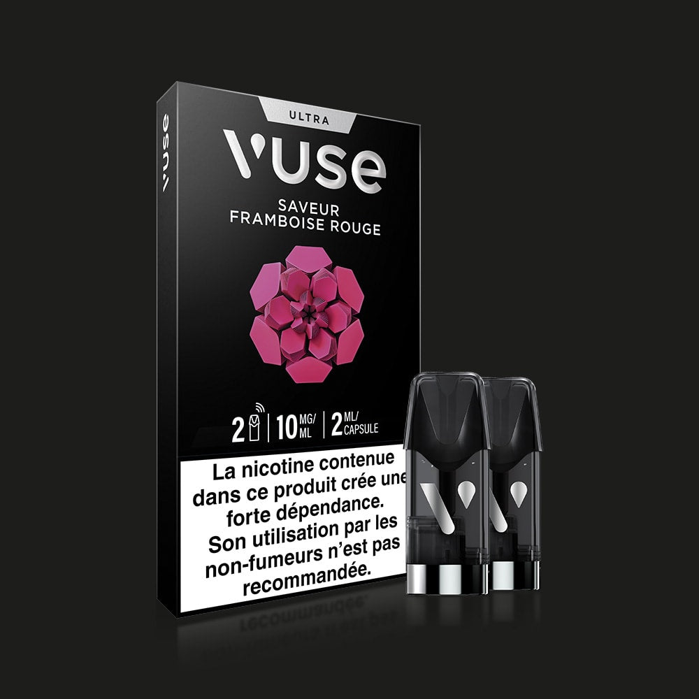 A Vuse Ultra Saveur Framboise Rouge pod pack is displayed, featuring pink geometric designs, two connected capsules, and a French nicotine warning on a sleek black background.