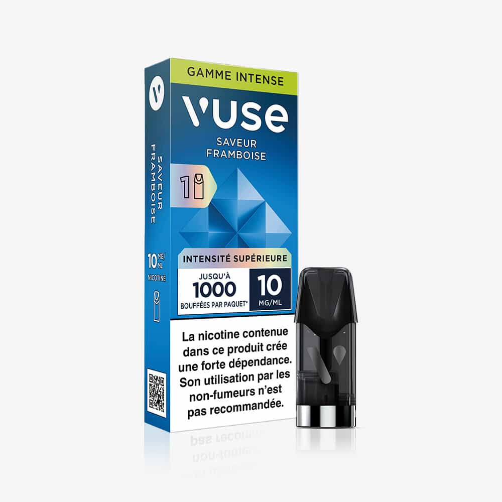 A Vuse 1 Pod Saveur Framboise (raspberry), 10 mg/ml nicotine, with a pod beside the box. French text warns about nicotine addiction and advises non-smokers and non-vapers not to use it.