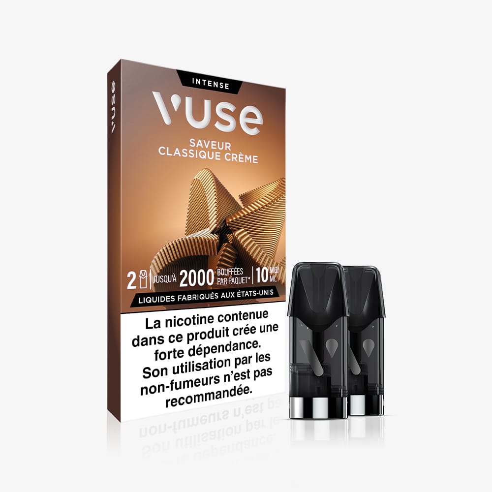 A box of Recharge Gamme Intense Saveur Classique Crème with two pods in front. The French packaging includes a nicotine warning, and each pack provides up to 2000 puffs.