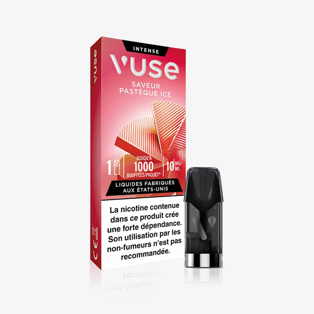 A box of 1 Pod Saveur Pasteque Ice vape pods with a capsule e-liquide beside it. The red package displays watermelon slices and French health warnings.