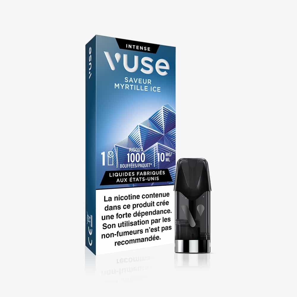 A 1 Pod Saveur Myrtille Ice vape capsule package in blue with white text and a French nicotine warning is shown beside the black and clear vape pod.