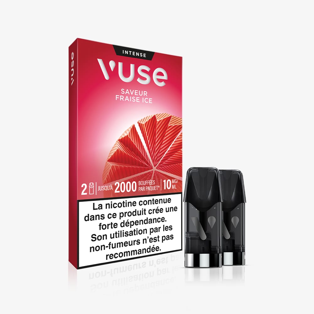 A red box of Recharge Gamme Intense Saveur Fraise Ice is displayed beside two black capsules. The package shows a nicotine warning in French at the bottom.