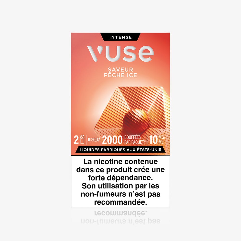 Recharge Standards Saveur Pêche Ice, showing a peach and ice image, offers 2000 puffs and 10 ml. A warning notes high addiction risk and advises against use by non-smokers.