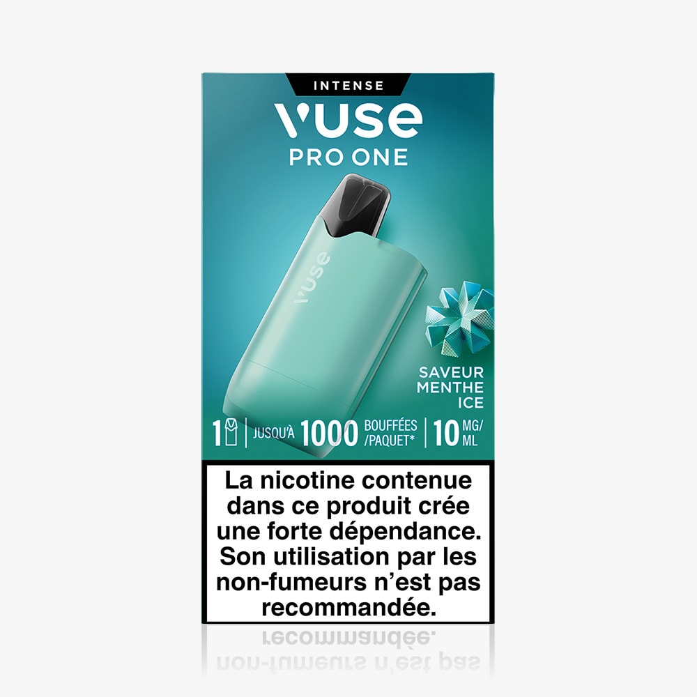 A Vuse Pro ONE Box Menthe Ice e-cigarette in teal appears on packaging with a mint icon and "Saveur Menthe Ice." A French warning says the produit prêt-à-vaper contains nicotine and is not for non-smokers.