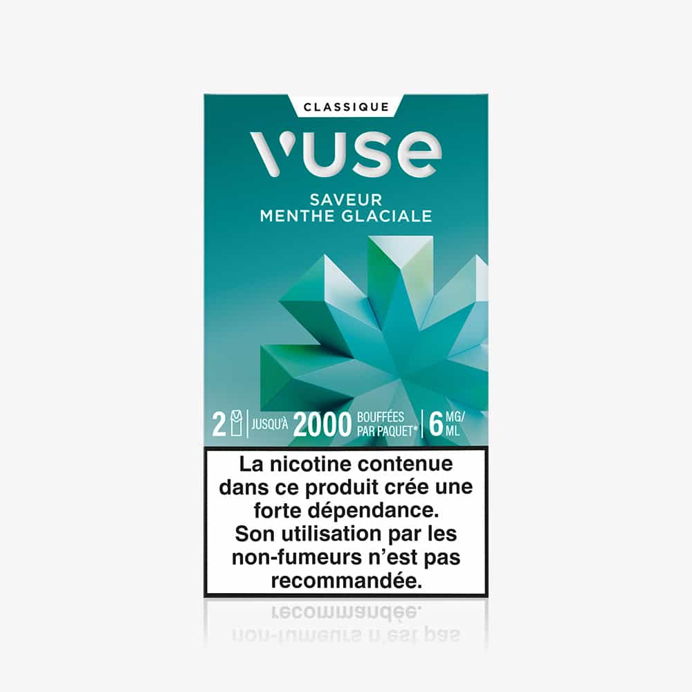 Recharge Gamme Classique Saveur Menthe Glaciale : paquet de deux capsules bleu-vert. Un avertissement en français précise que ces capsules à la menthe contiennent de la nicotine, addictive et non recommandée aux non-fumeurs.