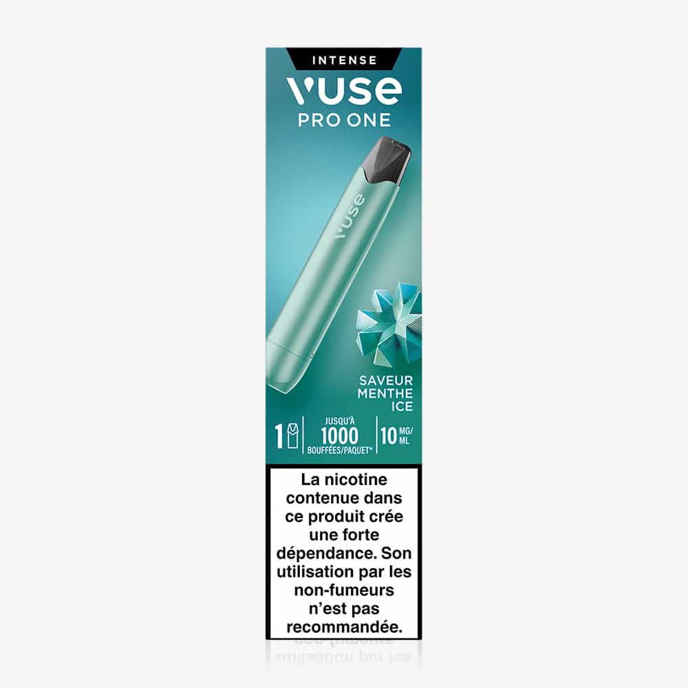 Vuse Pro ONE Bar Menthe Ice disposable e-cigarette in mint green. Prêt-à-vaper, labeled "saveur menthe ice." Includes French health warning on nicotine addiction; not recommended for non-smokers.