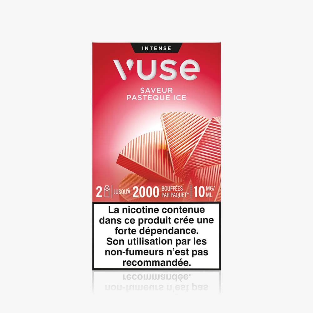 The Recharge Gamme Intense Saveur Pastèque Ice package is red and shows watermelon slices. It states Jusqu'à 2000 bouffées, 10 mg/ml, and has a French nicotine warning at the bottom.