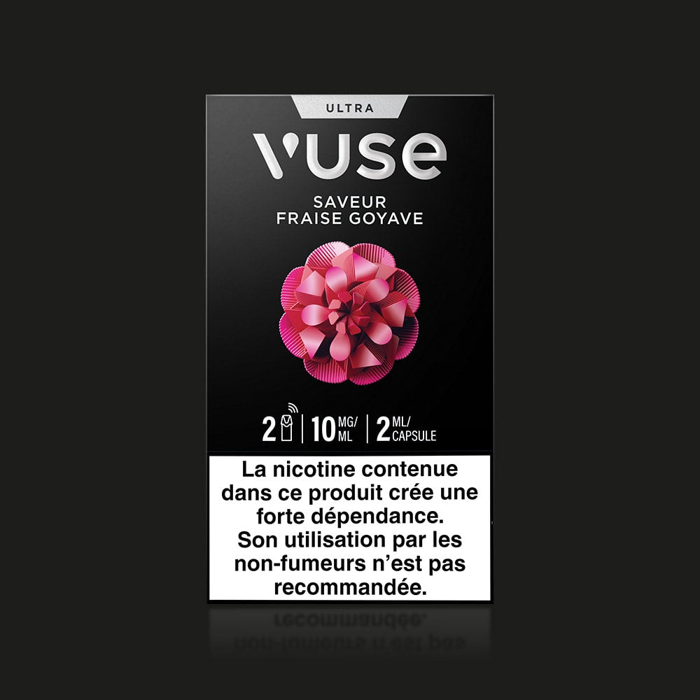Vuse Ultra Saveur Fraise Goyave box with 2 capsules connectées (10mg/ml nicotine), pink abstract flower design, and French health warning at the bottom.