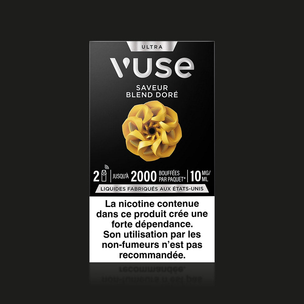 The Vuse Ultra Saveur Blend Doré features a gold abstract design, capsules connectée, 2000 puffs per pack, 10mg nicotine content, and a French health warning about nicotine addiction.
