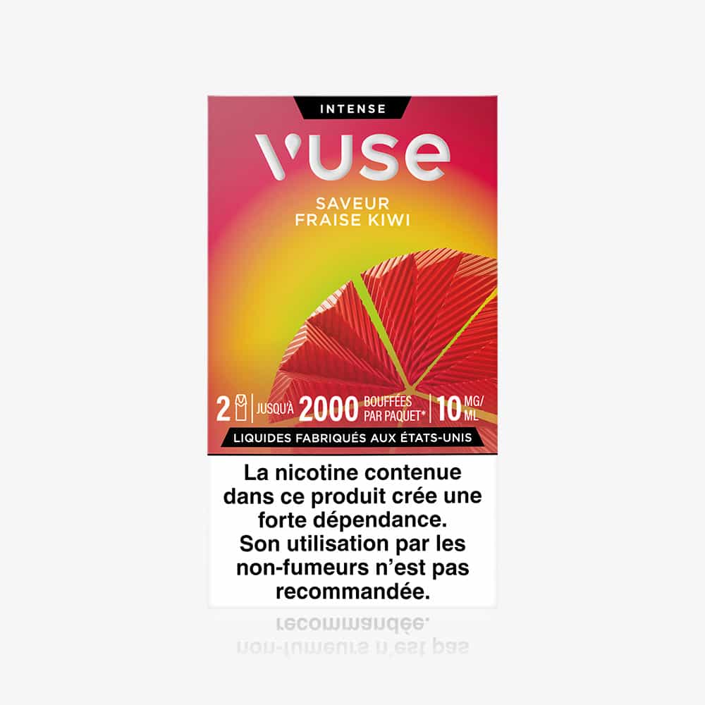 Recharge Gamme Intense Saveur Fraise Kiwi comes in red packaging promoting up to 2000 puffs per pack and features a French nicotine warning at the bottom.