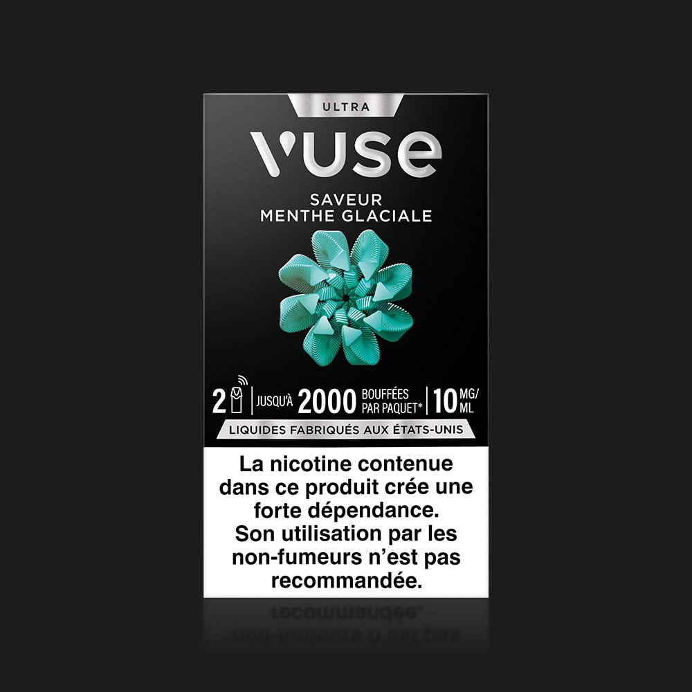 A Vuse Ultra Saveur Menthe Glaciale e-liquid pack with a blue mint leaf graphic, labeled 2000 puffs, nicotine 10mg/ml, and featuring a French nicotine addiction warning on a white background.