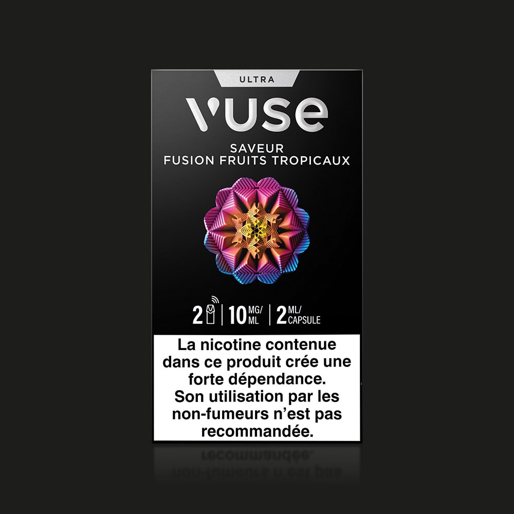 A Vuse Ultra Saveur Fusion Fruits Tropicaux e-cigarette box on a black background, featuring a French nicotine warning label advising non-smokers against use.