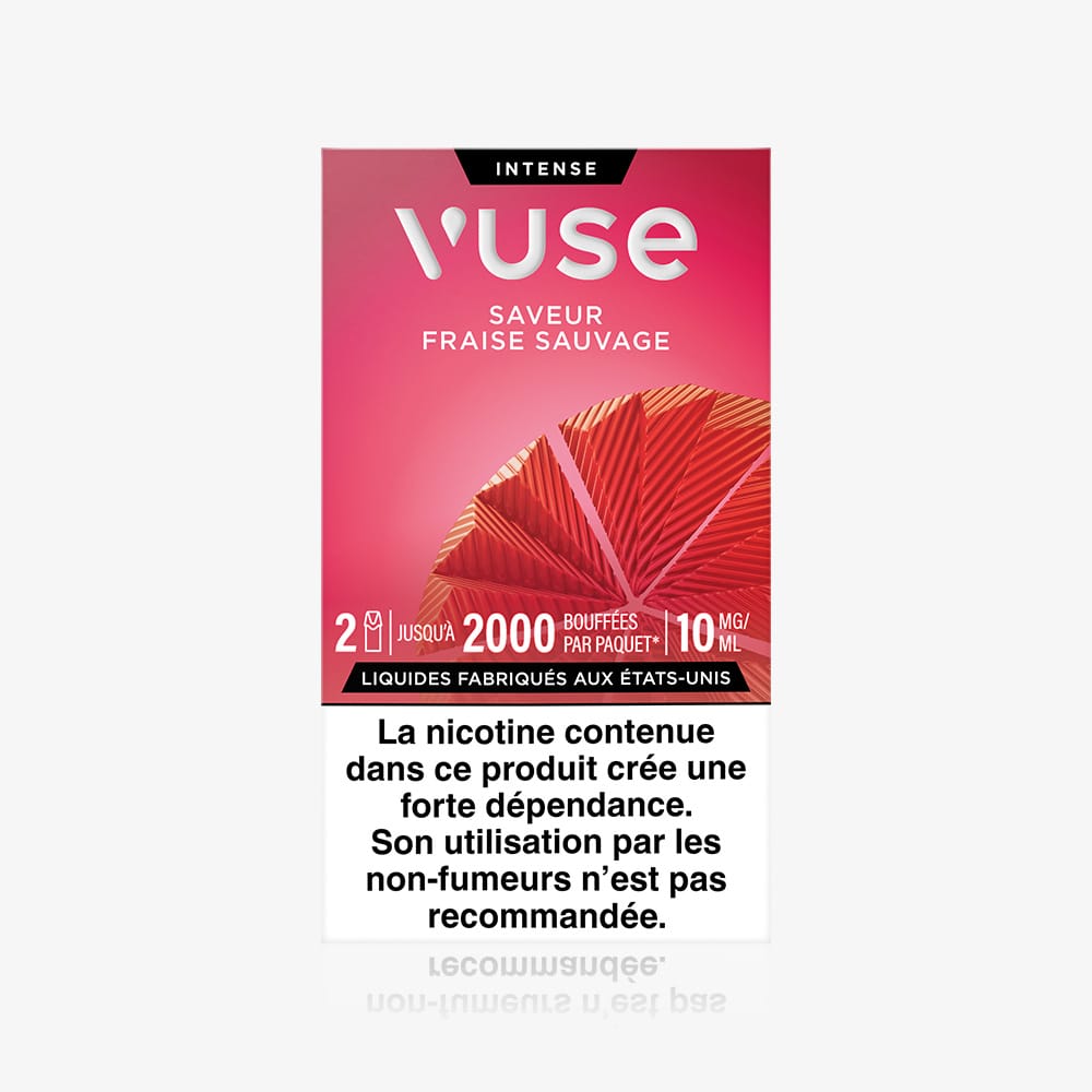 A Recharge Gamme Intense Saveur Fraise Sauvage package with a red and pink design shows "capsules saveur Fraise Sauvage" and a French nicotine warning at the bottom.