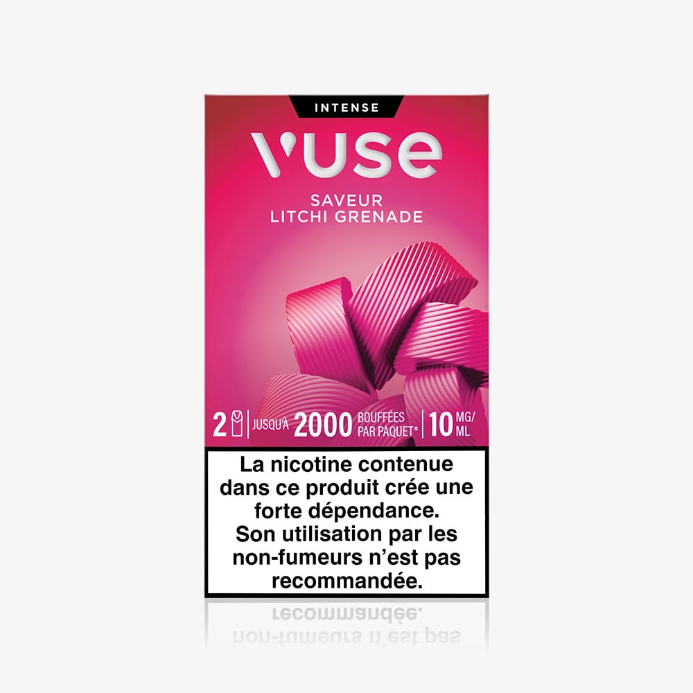 Front of a Vuse vape package with a pink design, displaying Recharges Standards Saveur Litchi Grenade (Lychee Pomegranate Flavor), 10 mg nicotine strength, and a French nicotine warning at the bottom.