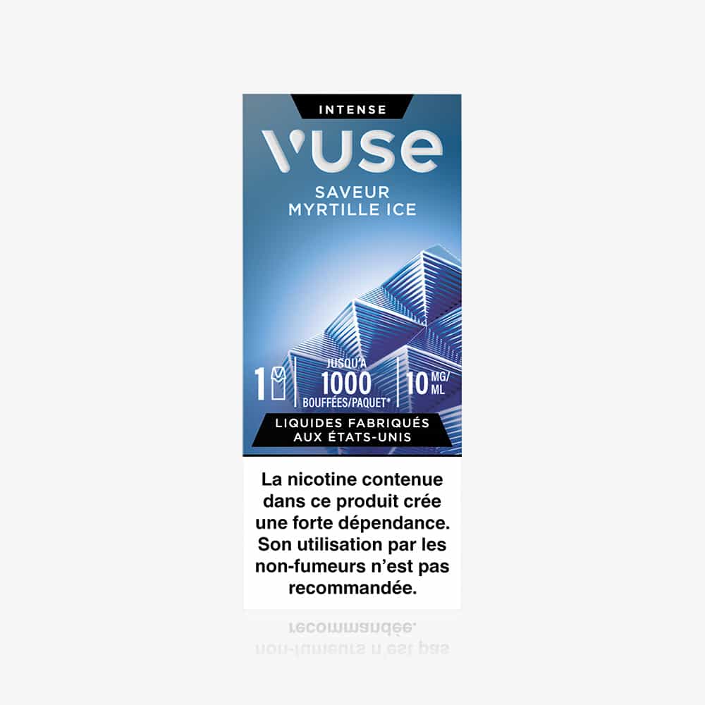 A Vuse package labeled "1 Pod Saveur Myrtille Ice" features geometric ice designs, states "jusqu’à 1000 bouffées/paquet," and includes a French nicotine warning at the bottom.