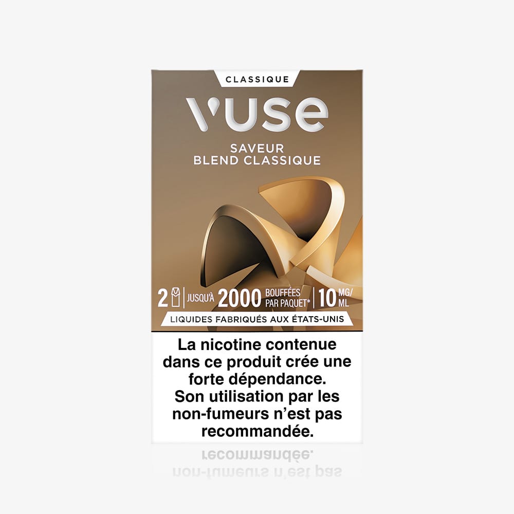 A Vuse Recharge Standards Saveur Blend Classique refill pack (brown box) contains deux capsules for a rich taste. A health warning below says nicotine is highly addictive and not recommended for non-smokers.