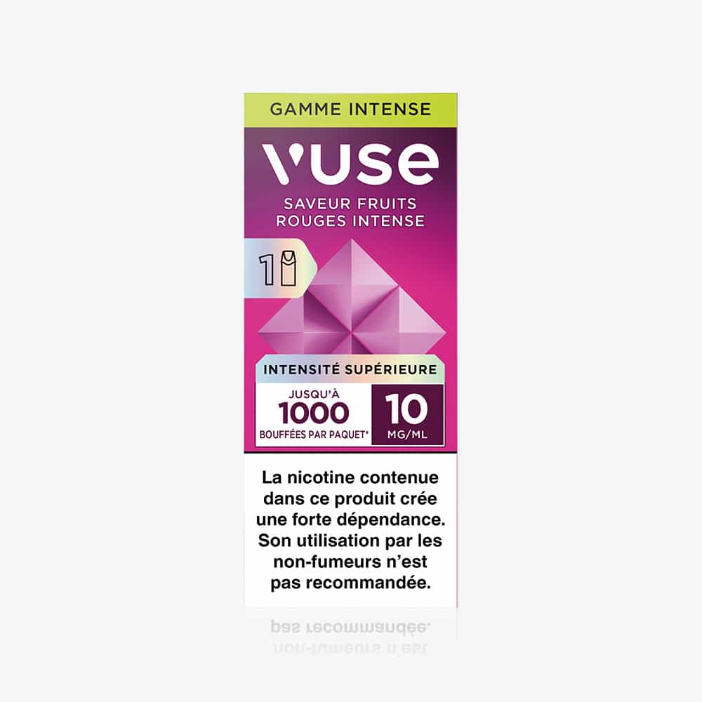 A 1 Pod Saveur Fruits Rouges Intense vape pack shows a purple geometric design, Jusqu’à 1000 bouffées, 10 mg/ml, and a French nicotine warning at the bottom. Compatible with Vuse capsules.