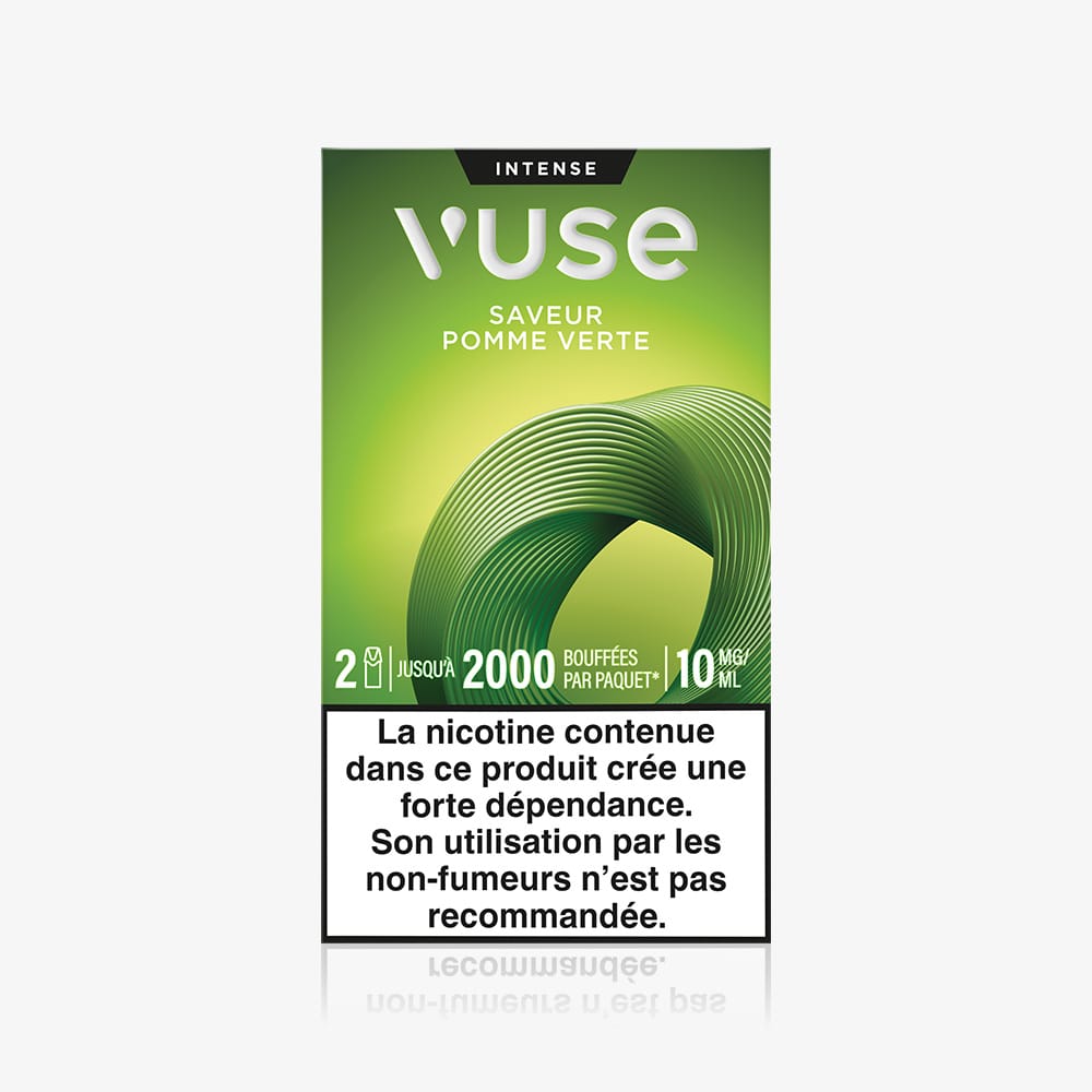 Un paquet de Recharge Gamme Intense Saveur Pomme Verte. L’emballage vert affiche un motif tourbillon, texte français et un avertissement précisant que la nicotine crée une dépendance et n’est pas recommandée aux non-fumeurs.