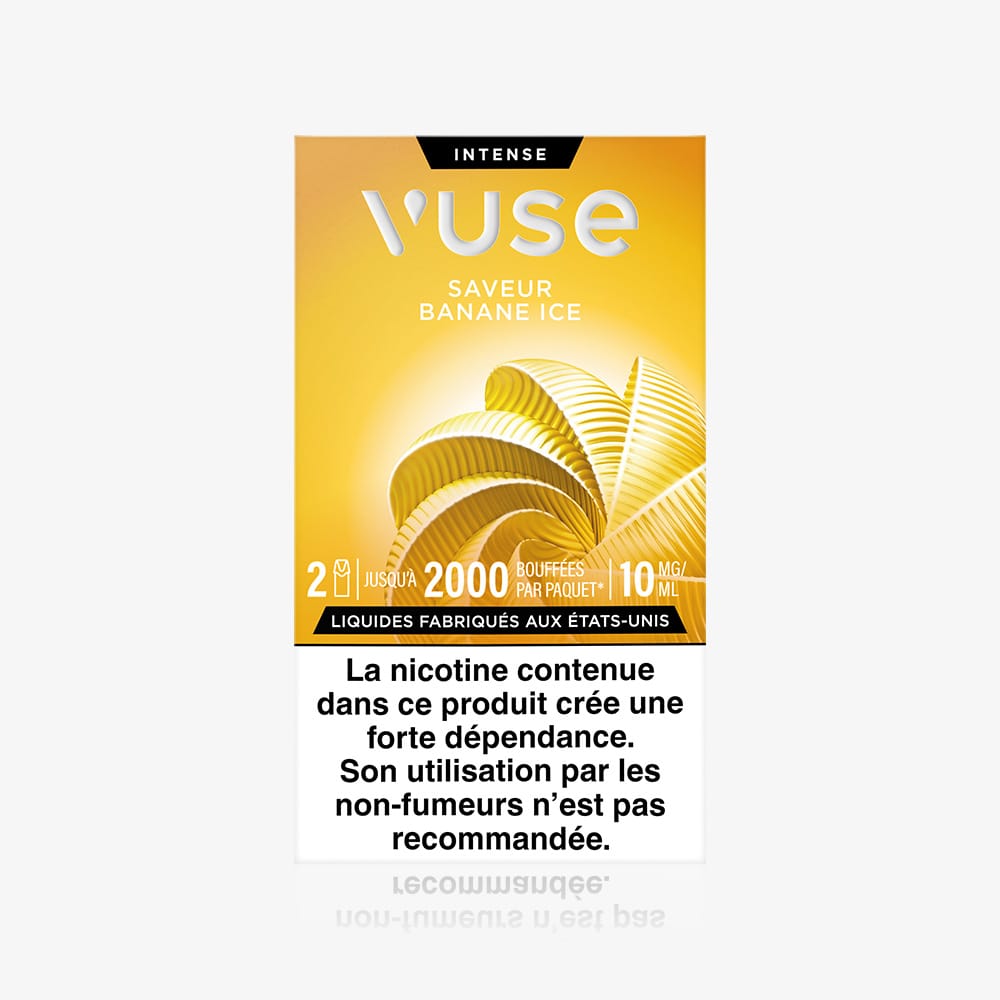 A yellow Vuse pack labeled "Recharge Gamme Intense Saveur Banane Ice" features a banana graphic. French warning advises that nicotine is addictive and not intended for non-smokers.