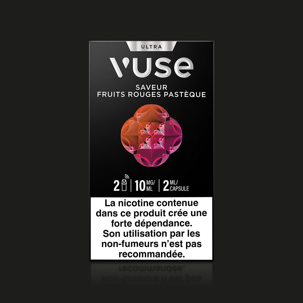 A black box of Vuse Ultra Saveur Fruits Rouges Pastèque features a colorful fruit-themed design, 10 mg/ml nicotine strength, and a French health warning about nicotine addiction on the front.