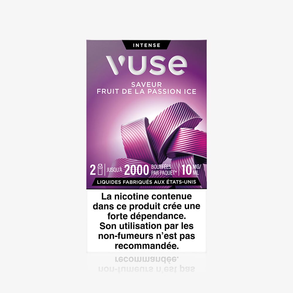 A purple and white pack of Vuse Recharge Gamme Intense Saveur Fruit de la passion Ice e-cigarette capsules. A French warning states nicotine is highly addictive and not recommended for non-smokers.