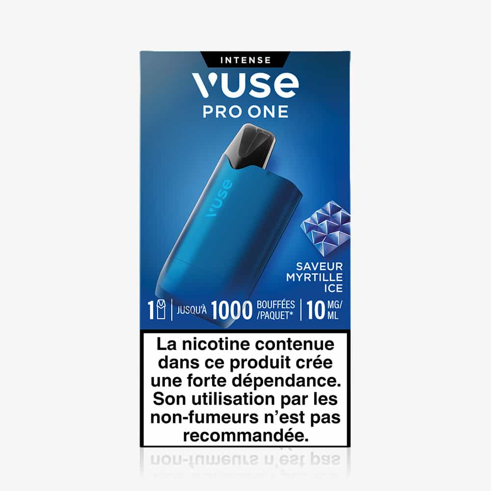 The Vuse Pro ONE Box Myrtille Ice is shown with blue packaging, highlighting 1000 puffs, 10 mg/mL nicotine, myrtille ice flavor, and a French nicotine warning at the bottom.