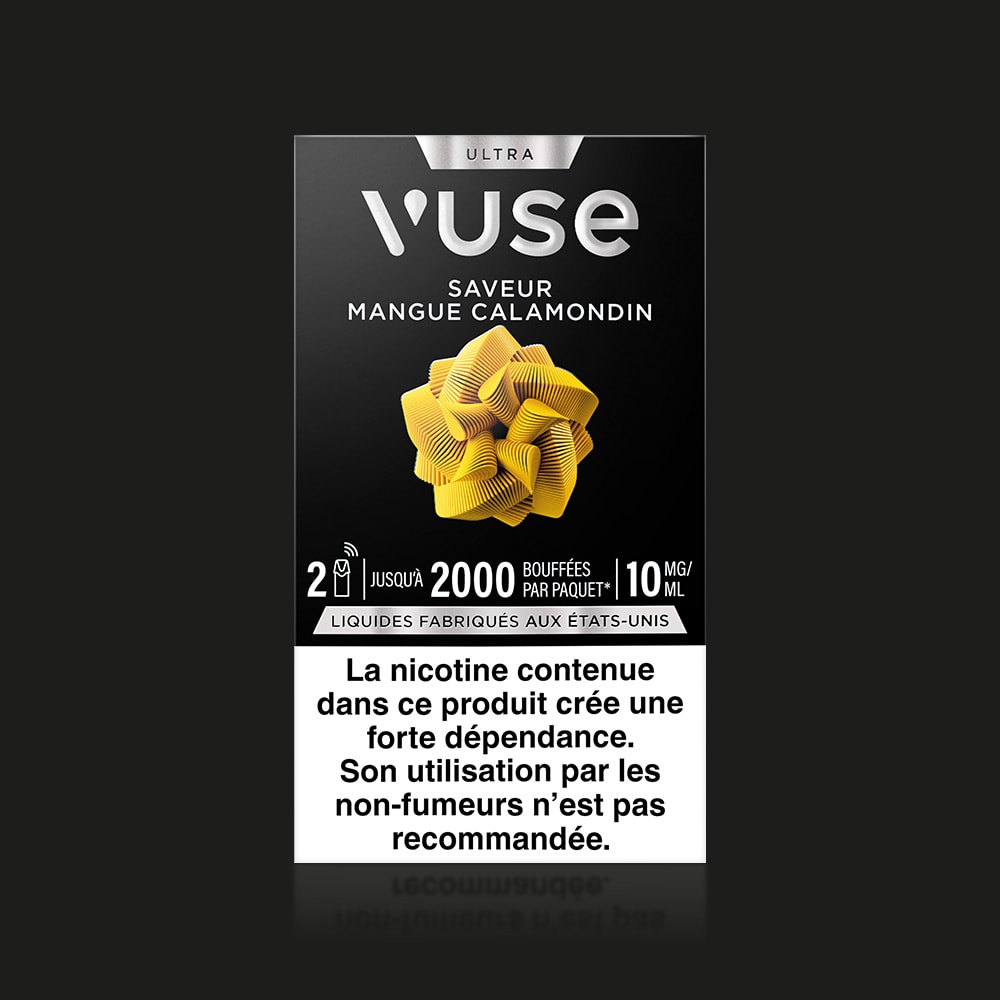 The Vuse Ultra Saveur Mangue Calamondin features black packaging with a yellow geometric design, 2000 puffs, 10mg/10ml, capsule connectée, and a French nicotine addiction warning at the bottom.
