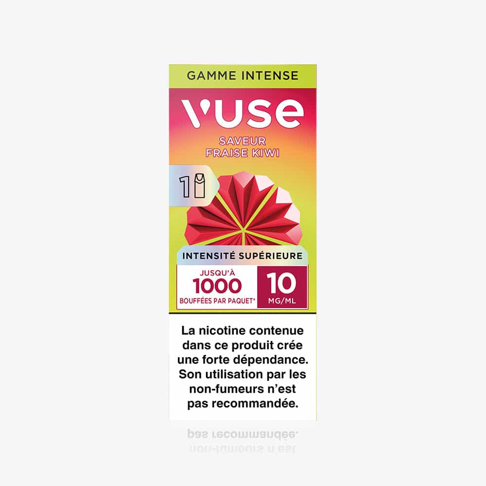 Rectangular Vuse packaging with a red and yellow gradient, labeled 1 Pod Saveur Fraise Kiwi. Offers 1000 puffs, 10 mg/ml nicotine, and flavor capsule details. French nicotine addiction warning displayed at the bottom.