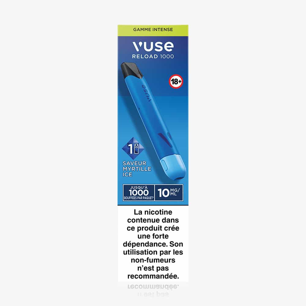 The Vuse Reload 1000 Bar Saveur Myrtille Ice disposable vape pen is shown in its packaging, featuring 10 mg/mL nicotine, up to 1000 puffs, a French health warning about nicotine addiction, and a rechargeable function.