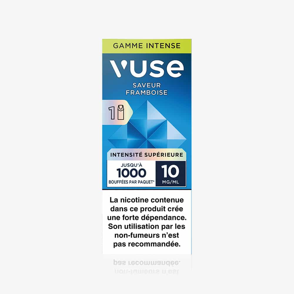 The 1 Pod Saveur Framboise e-liquid for e-cigarettes features Intense range packaging, offers 1000 puffs per pack, contains 10mg/ml nicotine, and displays a French nicotine addiction warning.