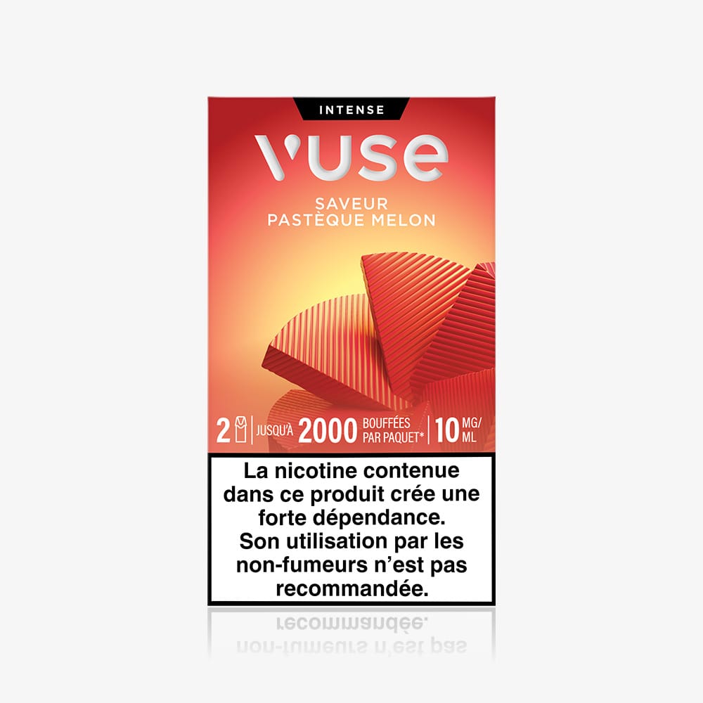 A box of Recharges Standard Saveur Pastèque Melon with a red design, 10 mg/ml nicotine, and a French warning stating nicotine is addictive and intended only for non-smokers.