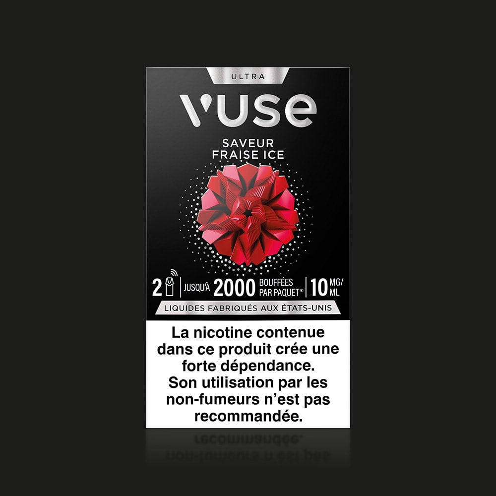 A Vuse Ultra Saveur Fraise Ice vape package featuring a red geometric strawberry design on black, 2000 puffs, 10mg/10ml, capsules connectée, and a French nicotine warning at the bottom.