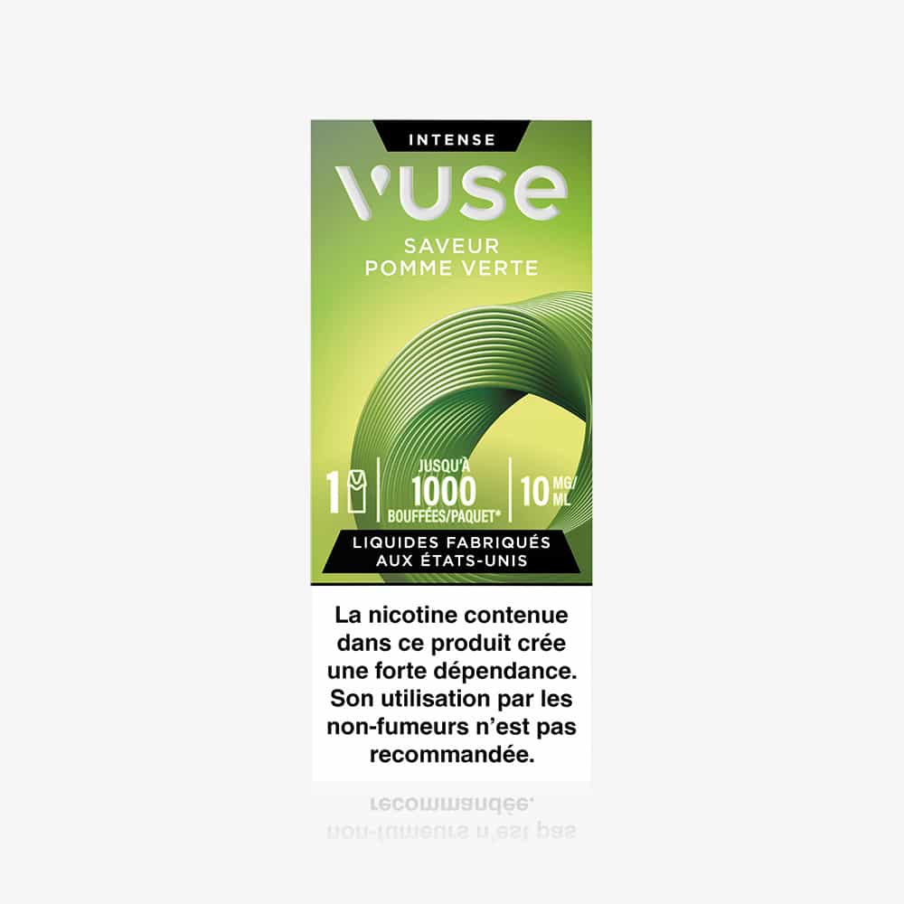 A green box labeled "1 Pod Saveur Pomme Verte" (green apple flavor) contains a capsule with 10 mg/ml nicotine, offers 1000 puffs, and features a French nicotine addiction warning at the bottom.