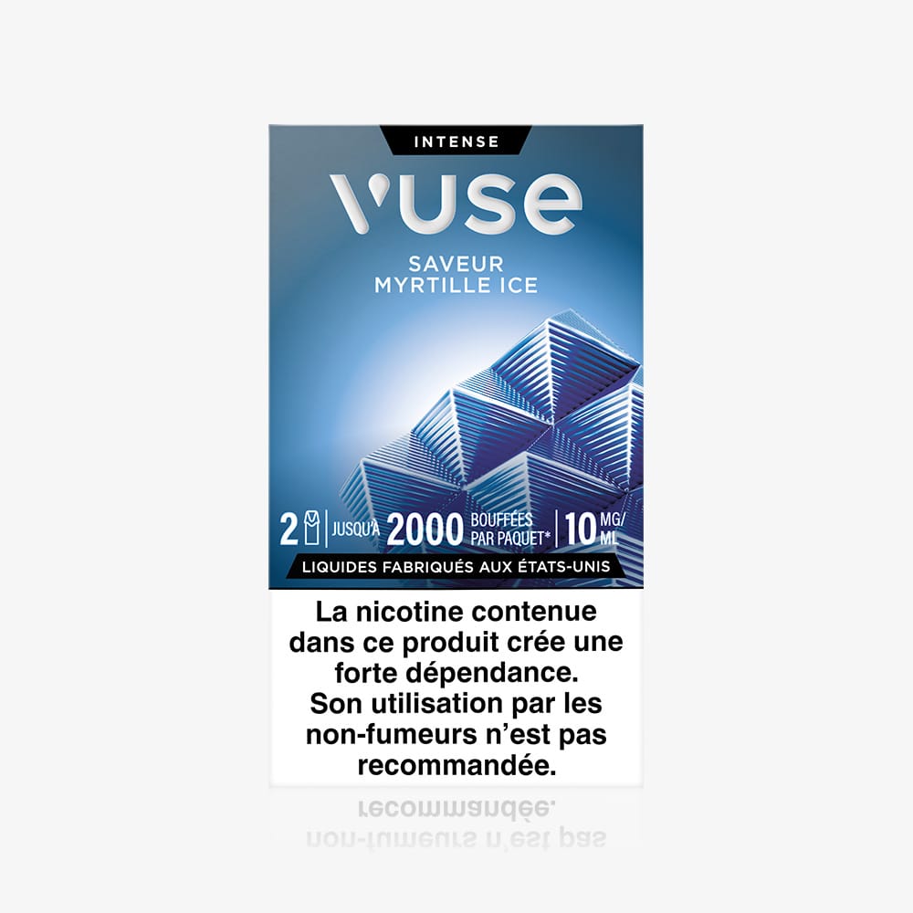 A box of Recharge Gamme Intense Saveur Myrtille Ice is shown with a blue geometric design, flavor highlighted, and a black and white French nicotine warning label at the bottom.