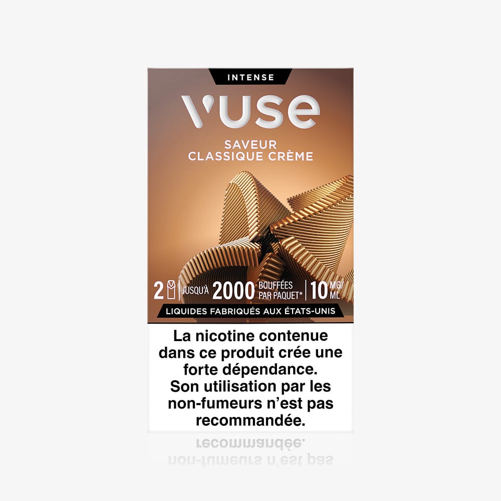 Recharge Gamme Intense Saveur Classique Crème: a box of Vuse e-cigarette capsules with cream swirl packaging and a French nicotine warning—signaling strong dependence; not recommended for non-smokers.
