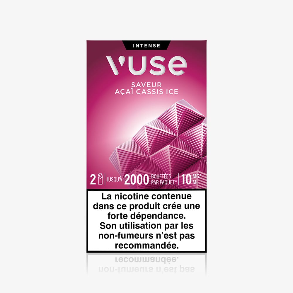 A pink and purple pack of Recharges Standard Saveur Açai Cassis Ice features a geometric design, "Intense" label, and a French nicotine warning advising non-smokers not to use it.