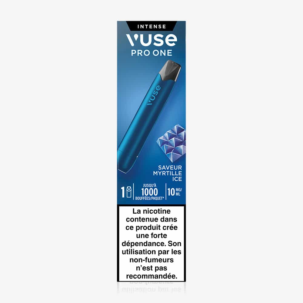 The Vuse Pro ONE Bar Myrtille Ice cigarette électronique, shown in blue with blueberry ice flavor, features packaging displaying ice cubes and a French nicotine warning, stating the kit prêt-à-vaper is not recommended for non-smokers.