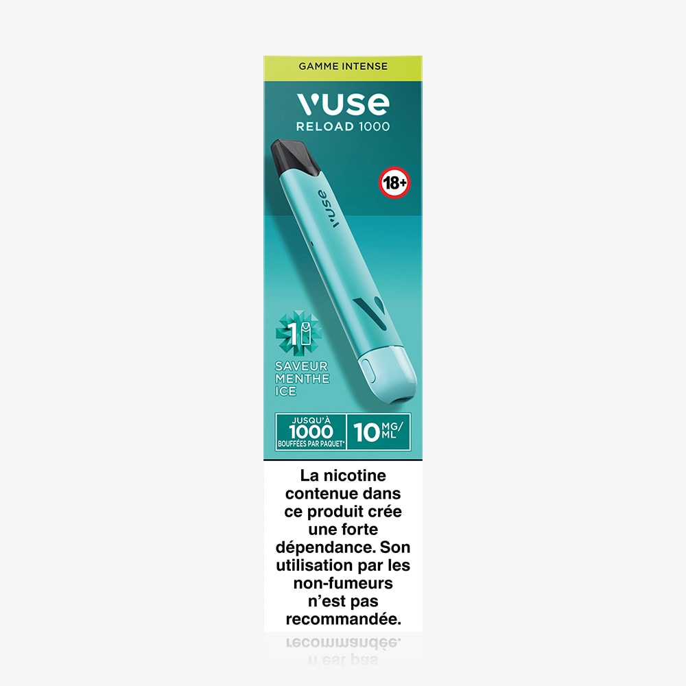 The Vuse Reload 1000 Bar Saveur Menthe Ice vape pen is displayed on the packaging, with a nicotine warning, an 18+ age restriction icon, and a note stating it's not for non-smokers.