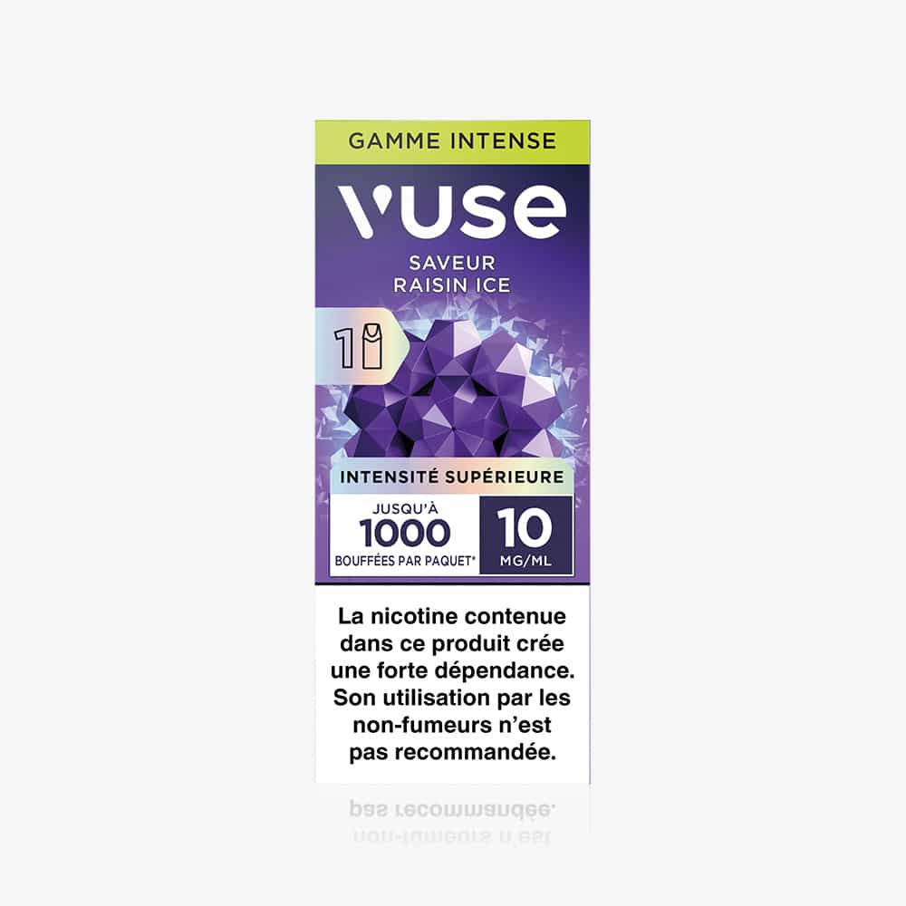 1 Pod Saveur Raisin Ice with a purple geometric grape design. Text highlights 1000 puffs, 10 mg/ml nicotine, and a French health warning about nicotine addiction on each capsule.