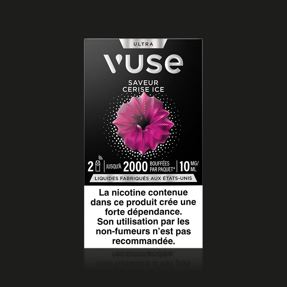 A black Vuse Ultra Saveur Cerise Ice vape pack labeled ULTRA features a pink abstract flower, highlights 2000 puffs and 10 ml, shows "capsules connectée," and includes a French nicotine warning at the bottom.