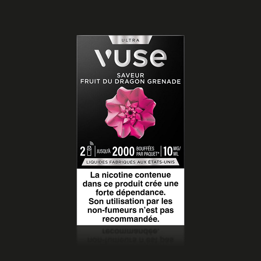 A black Vuse Ultra Saveur Fruit du Dragon Grenade vape pack features a pink flower image, 10 mg/10 ml, up to 2000 puffs, and a French nicotine warning at the bottom. Compatible with capsules connectée.