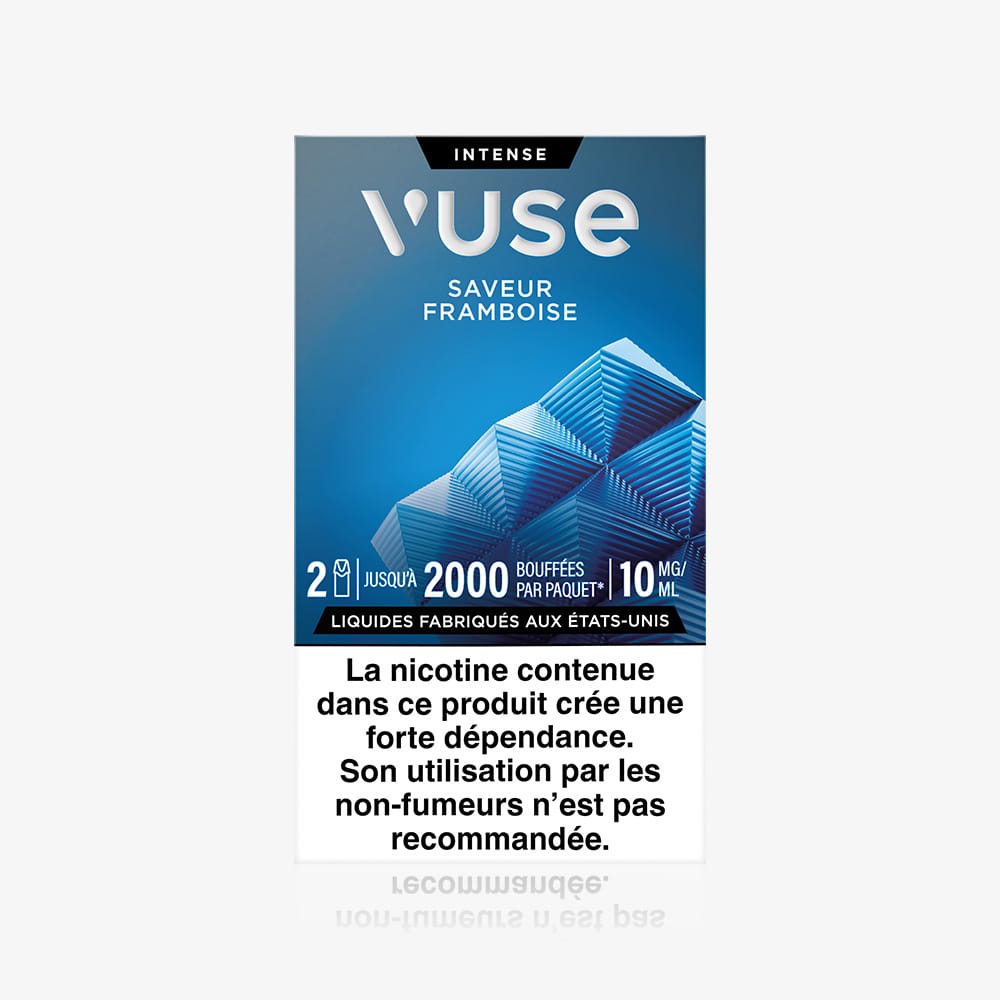 The Recharge Gamme Intense Saveur Framboise pack contains two capsules (2000 puffs, 10 mg/ml nicotine), features a French warning label about nicotine addiction, and is not for non-smokers.