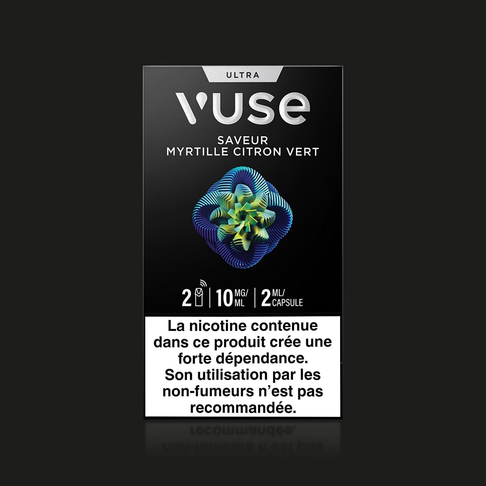 A box of Vuse Ultra Saveur Myrtille Citron Vert features dosage details and a French nicotine health warning, recommending non-smokers to avoid use.