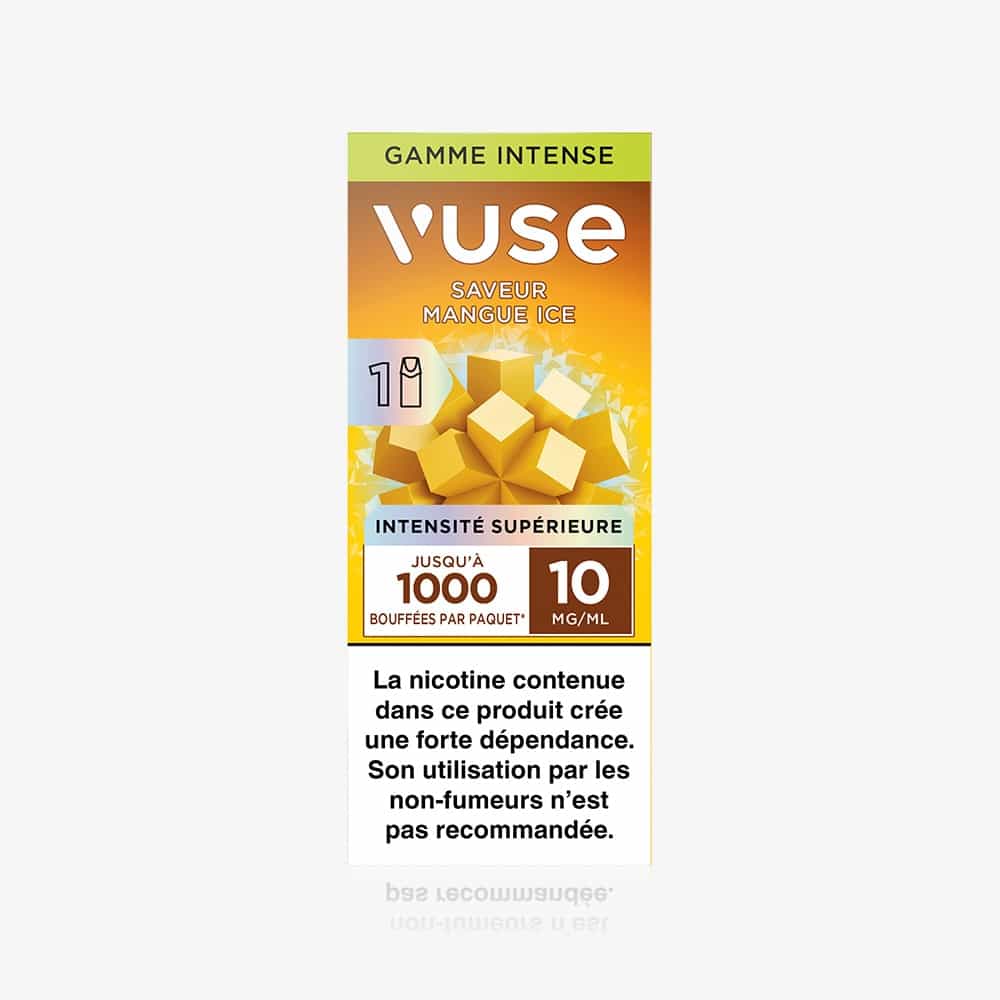 1 Pod Saveur Mangue Ice Vuse, illustré avec des cubes de mangue jaunes, étiquette 10 mg/mL, jusqu'à 1000 bouffées et avertissement sur la dépendance à la nicotine en français au bas du paquet.