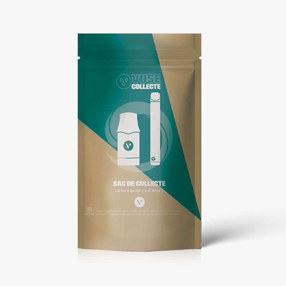 A resealable pouch labeled Sac de collecte Vuse, featuring vape device and pod illustrations on a teal and beige background, designed as a collection bag for recycling used vape products.
